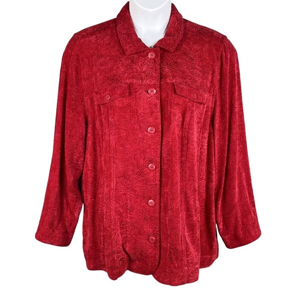 Liz & Me Womens 1X Red Jacquard Button-Front Jacket Abstract Design Art To Wear - Picture 7 of 16